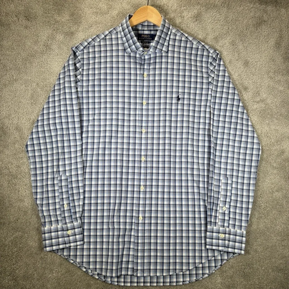 Polo Ralph Lauren Shirt Mens L Blue Plaid Stretch Lightweight Long Sleeve Logo